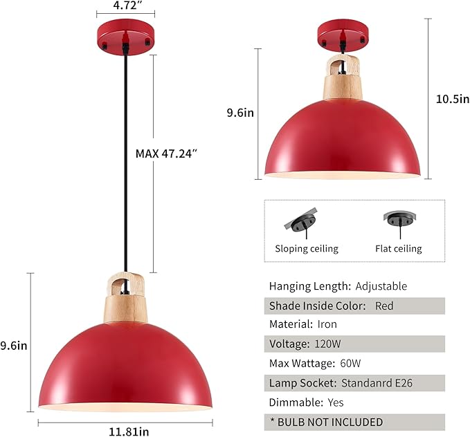 Red Pendant Light; 3 Packs 11.8inch Kitchen Pendant Lights; Farmhouse Pendant Light; Pendant Lights Kitchen Island for Bedroom; Office; Living Room