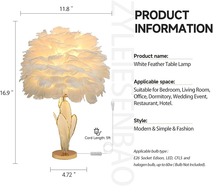 Chic White Feather Lamp Creative Furry Table Lamp Modern Feather Desk Lights Romantic Princess Bedside Nightstand Light for Teen Girls Bedroom Decoration Living Room Wedding Kids Room