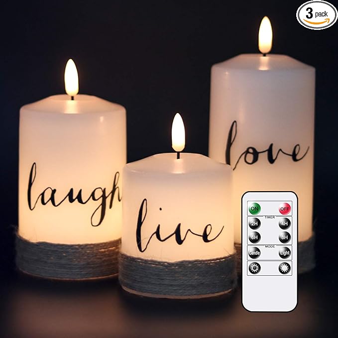 GenSwin Battery Flameless Candles with 10-Key Remote Timer, Real Wax Pillar LED Candles Live Laugh Love, Realistic 3D Wick Flickering Gift (D3 x H4.7 5.7" 6.7", Pack of 3)