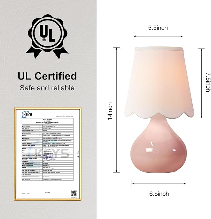 14''H Cordless LED Ambient Table Lamp, Rechargeable Ceramic Bedside Lamp with 3-Level Dimmable Soft Lighting, Linen Shade, Cozy Room Decor for Teens (Pink)