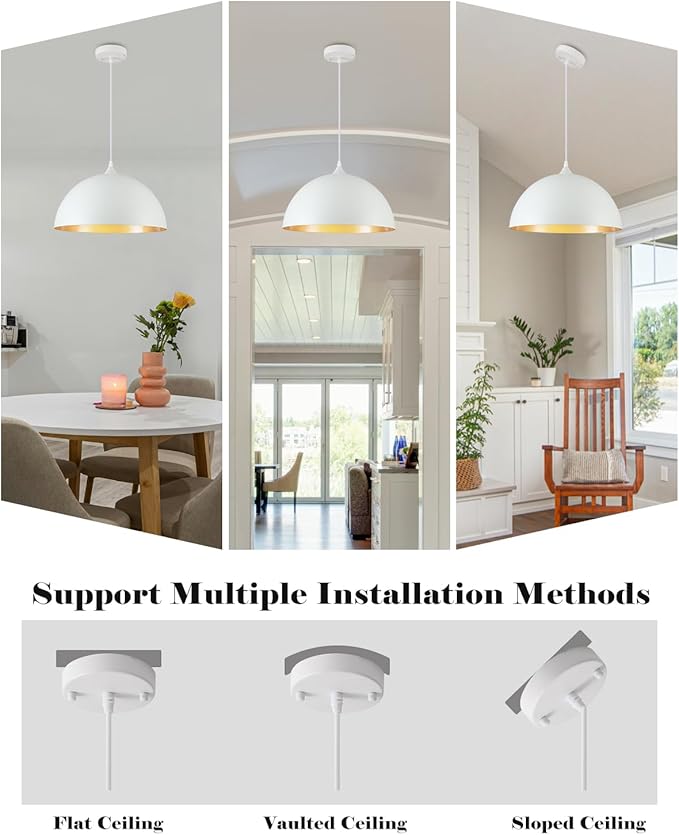 White and Gold Dome Pendant Light, 16 Inch Large Pendant Lights, White Pendant Lights Kitchen Island, Large Industrial Pendant Light for Kitchen Island, Dining Room, Cafe, Bar, 2 Pack