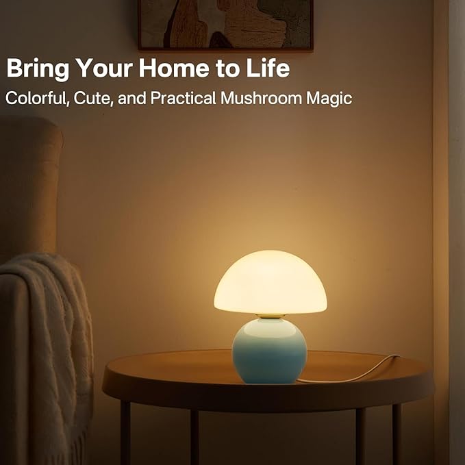 Mushroom Lamp Table Lamp for Bedroom,Desk Bedside Small Lamps for Living Room Night Stands,Mushroom Decor Cute Mini Modern Mid Century Lamps,Unique Aesthetic Home Living Room Decor(Blue)