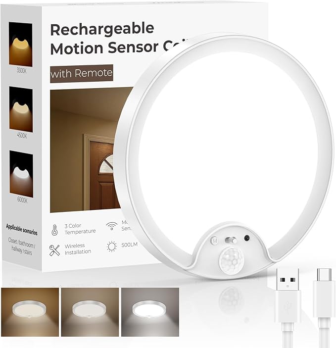 Rechargeable Motion Sensor Ceiling Light - Battery Operated Wireless LED Ceiling Shower Lights Indoor Night Lighting for Bathroom, Laundry Room, Hallway, Closets