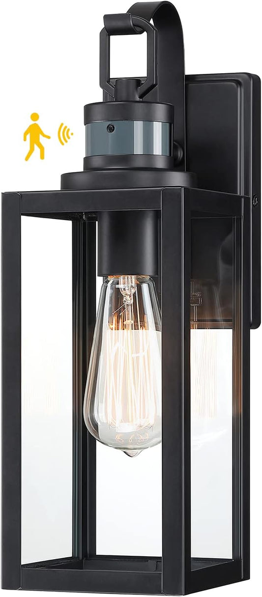 Pia Ricco Motion Sensor Outdoor Wall Lantern, Dusk to Dawn Lighting Sconce, Modern Matte Black Exterior Light Fixture, Waterproof Mount Porch Lights With Clear Glass for Garage, ETL Listed