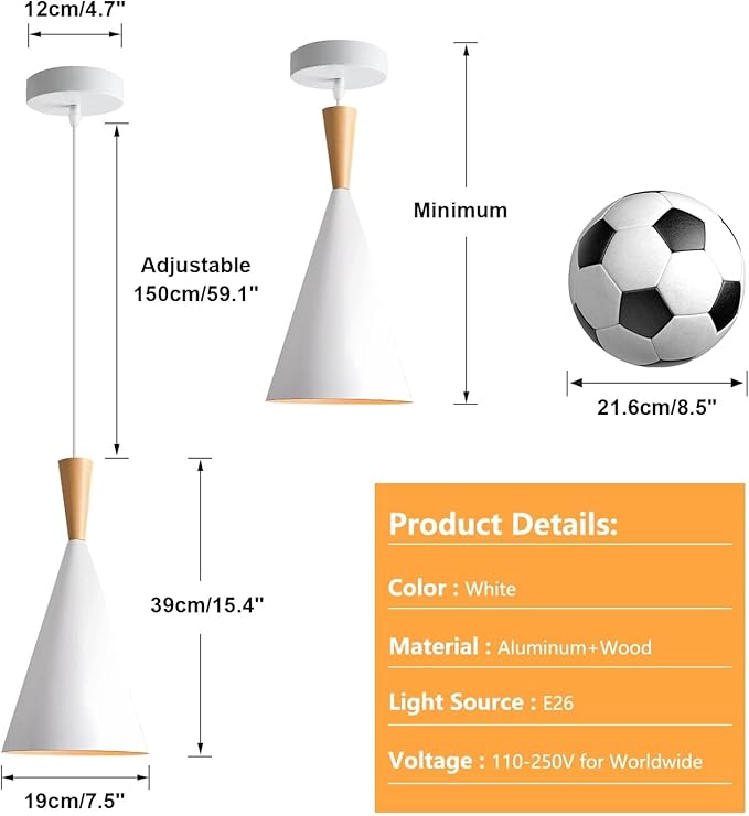 KCO Lighting Farmhouse Cone Pendant Light 3 Pack White Modern Barn Ceiling Pendant Lighting Fixture 1-Light Mini Vintage Pendant Lights Kitchen Island Dining Room Lighting