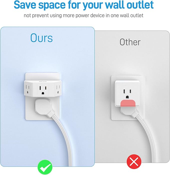 BEVA Multi Plug Outlet Extender, 3 Prong Plug Extender with 3 AC Outlets, Compact Multi Plug Wall Adapter for Travel Cruise Ships Dorm Rooms Office Home Essentials (1 Pack)