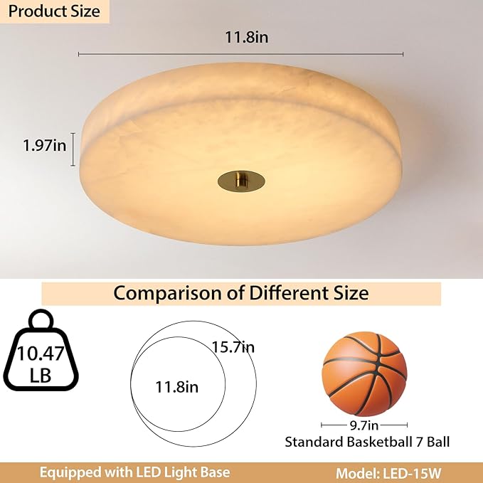 Alabaster Ceiling Light,11.8in Spanish Natural Marble Round Alabaster Flush Mount,Modern 2700K LED Kitchen Ceiling Lights Hardwired for Bedroom,Foyer,Bathroom,Entryway,Living Room