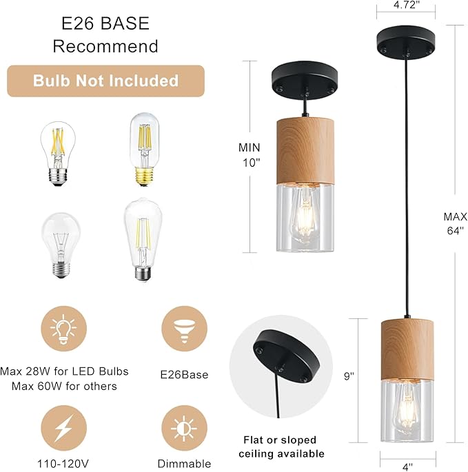 3-Pack Modern Pendant Lights for Kitchen Island, Adjustable Pendant Light Fixtures with Raw Wood Grain, Industrial Clear Glass Pendant Lights for Dining Table Hallway Bedroom Living Room