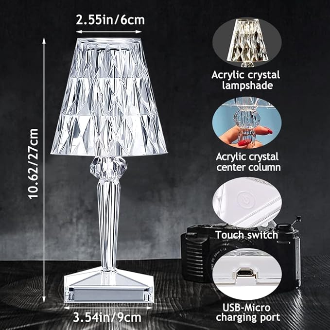 2pcs Crystal Table Lamp Touch Control Crystal Rose Lamp, [2000mAh]Rechargeable LED Diamond Table Lamps with 3 Color Changing Light, [Non-Yellowing]Acrylic Cordless Table Lamp Small Lamp for Bedroom