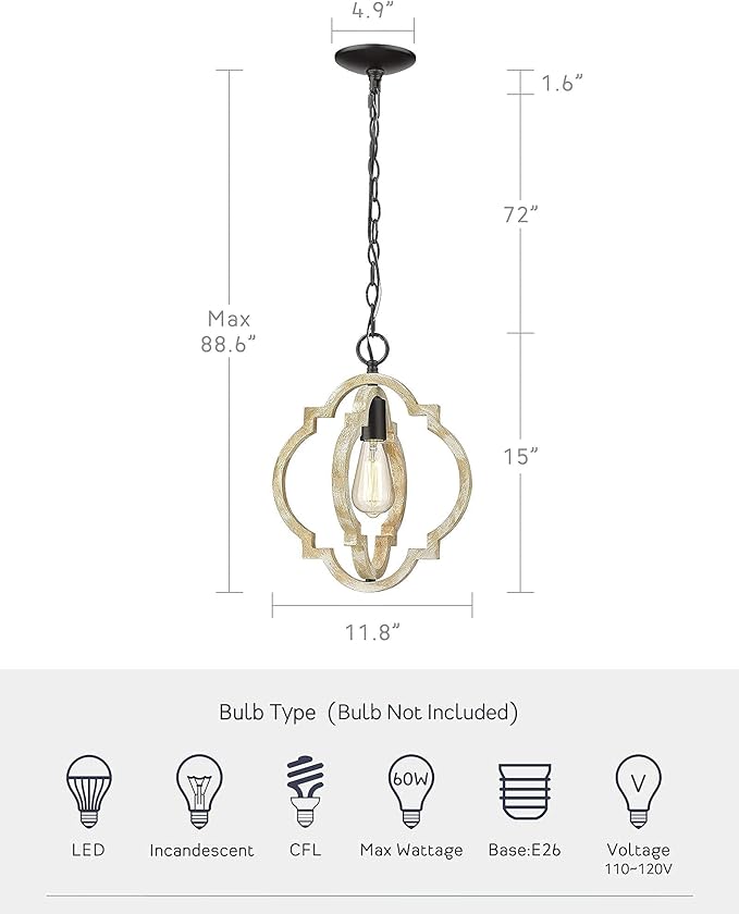 CALDION 2Pack Wood Pendant Lights Kitchen Island, Farmhouse Pendant Lighting Fixtures, Adjustable Height Hanging Pendant Lights for Foyer, Dining Room, Entryway
