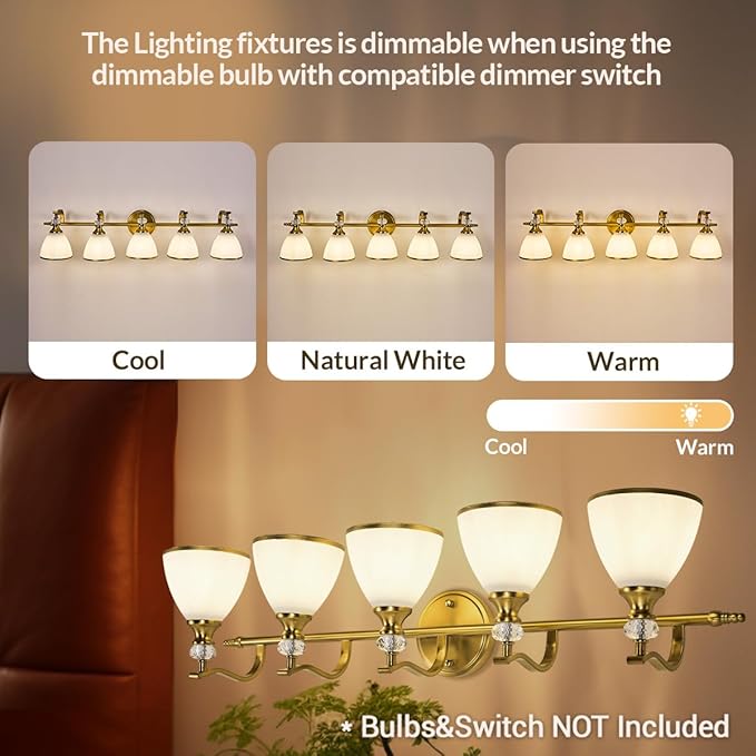 ANDY STAR Gold Bathroom Light Fixture, 5-Light Bathroom Wall Sconces, 35 inch Brass Vanity Light with Milky White Frosted Glass Shade, Large Vintage Wall Lights for Spacious Rooms