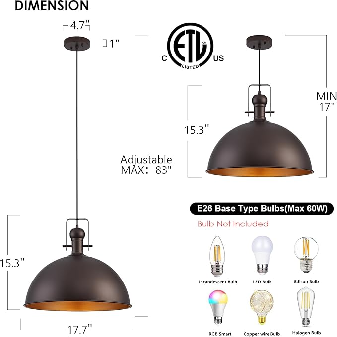 18 Inch Oil Rubbed Bronze Farmhouse Pendant Lights Large Pendant Lights for Kitchen Island Industrial Adjustable Height Vintage Big Dome Hanging Light Fixtures for Barn, Dining Room