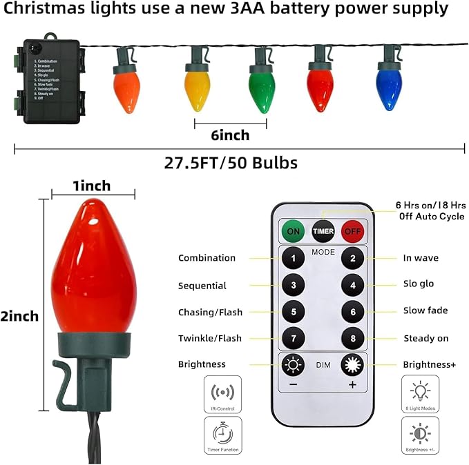 50LED C7 Multicolor Christmas Lights Battery Operated with 8 Mode Remote Control, 27.5FT 50pcs Twinkle C7 Light Bulbs for Colorful Christmas Tree Lights & Home Porch Yard Lawn Decorations