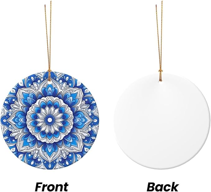 Bohemian Mandala Blue Christmas Ornaments, Christmas Decorations Xmas Tree Hanging Ornaments, Round Ceramic Festive Keepsake Gift for Xmas Decorations Holiday Home Decor