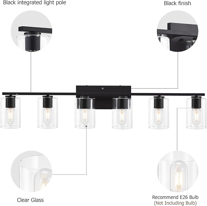Black Bathroom Vanity Lighting Over Mirror,6 Light Bathroom Vanity Lights with Clear Glass Shade,Metal Vanity Lights for Bathroom,Bedroom,Living Room