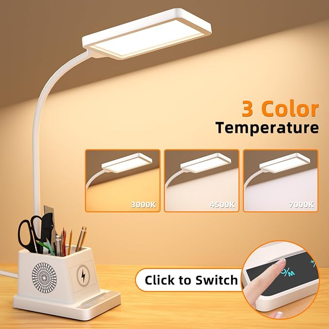 cozoo Desk Lamp, LED Desk Lamps for Home Office with 15W Wireless Charger/Organizer,Desk Lamp for College Dorm Eye-Caring Study Light,Gooseneck Table Lamp with Pen Holders/Storage,12 Lighting Modes