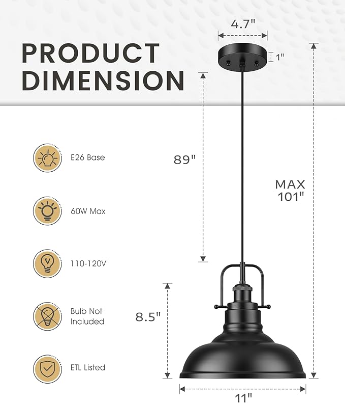 zeyu 1-Light Industrial Pendant Light, 11-Inch Pendant Light Fixture for Kitchen Island, Metal Dome Lampshade in Matte Black Finish, 016-1 BK
