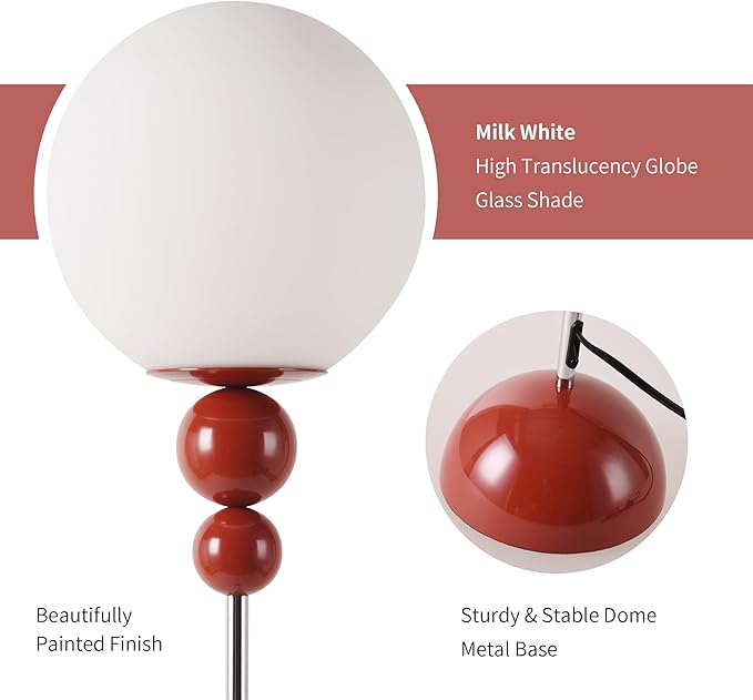 Modern Floor Lamps for Living Room, Globe Glass Shade Floor lamp for Bedroom, Standing lamp for Office, Corner(red)