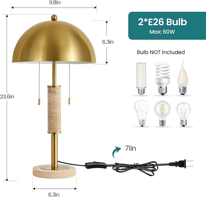 KAISITE 24" Modern Table Lamp for Living Room Gold Metal Nightstand Lamp with High-Grade Decorative Travertine Mid Century Table Lamp for Bedroom Side Table Bedside End Table