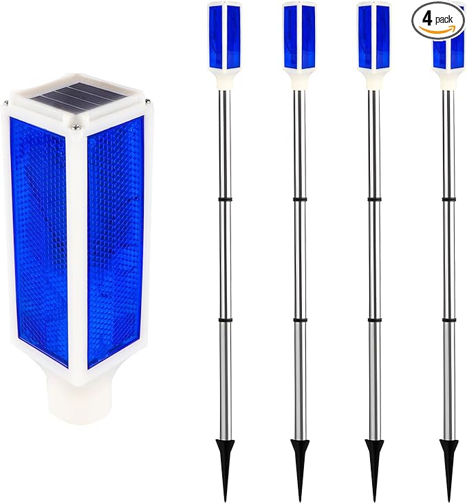 Aolyty Solar Lights Outdoor, Waterproof Driveway Markers Reflective, Warning Flash Light with 2 Lighting Modes, LED Solar Light 4 Pack for Parking Lots, Yard, Sidewalk, Stop Sign, 30 Inches (Blue)