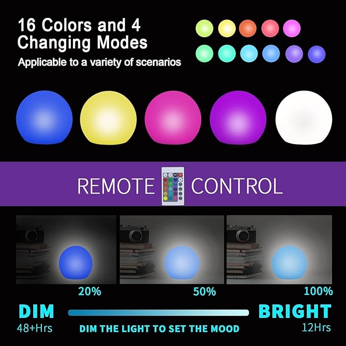LED Floating Pool Light, 6-Inch, Rechargeable Waterproof Orb with Remote Control, 16 RGBW Colors,Hot Tub Lights, Pool Accessories (1Pack)