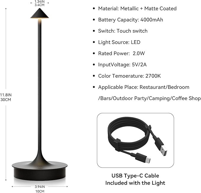 Small Cordless Table Lamp Rechargeable, Battery Operated Desk Lamp, 4000mAh LED Touch Lamp, Dimmable Portable Outdoor Waterproof Wireless Table Light for Restaurants/Bars/Outdoor(1PC, Black)