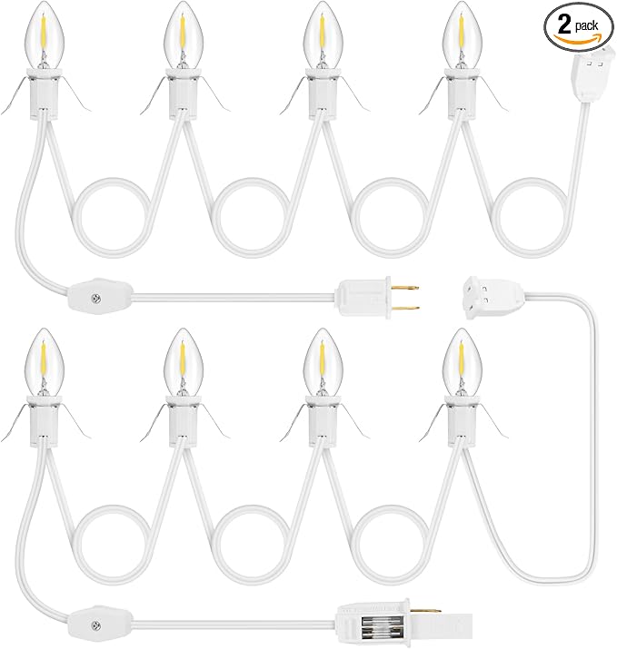 2Pack Accessory Cord with 8LED Bulbs and Outlet Christmas Village Light 18FT Blow Mold Light Cord with Spare Fuse Warm White C7 Lamp Christmas Village Accessories for Village Houses Craft Pumpkin