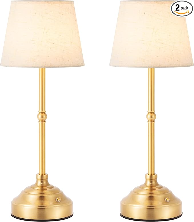 2 Pack Cordless Table Lamp, Rechargeable Desk Lamp with Fabric Shade, Battery Operated Lamp 3 Color Stepless Dimming, Small Touch Bedside Lamp Home Decor for Dining, Counter (Brushed Gold)