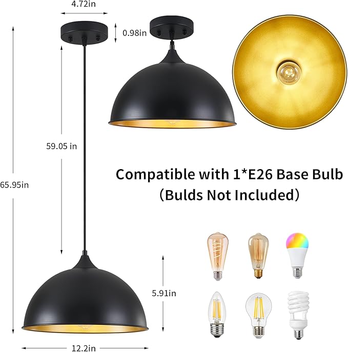 Pendant Lighting for Kitchen Island, 2 Pack 12" Dome Pendant Light Fixtures with Black and Gold Finish Farmhouse Industrial Hanging Pendant Light for Dining Room Restaurant Cafe Entryway