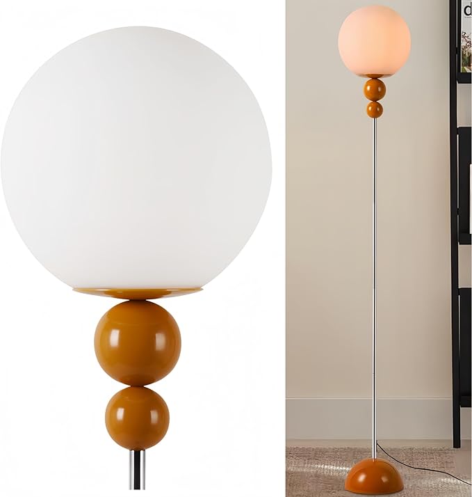 Modern Floor Lamps for Living Room, Globe Glass Shade Floor lamp for Bedroom, Standing lamp for Office, Corner(Orange)