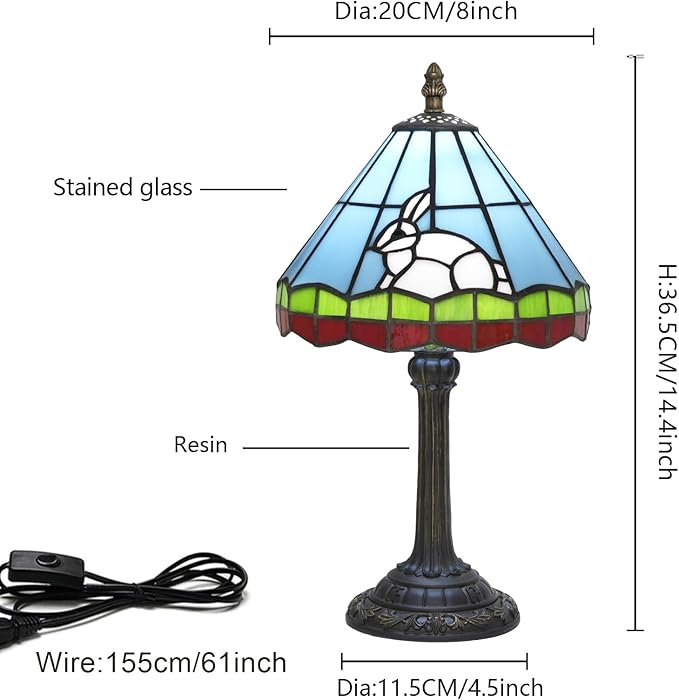 Tiffany lamp 8 inch Small Stained Glass lamp Fairy Tale White Rabbit Bedside lamp Suitable for Bedroom Dormitory Dining Room Living Room Tiffany Style Retro Home Decoration Children's Gift