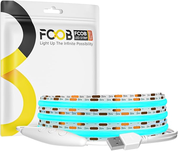 5V COB Ice Blue Led Strip Light 6.56FT USB Powered CRI90+ LED Tape Lights with Dimmer, 8mm Width Dimmable High Density Flexible Strips for TV Under Cabinet Bedroom