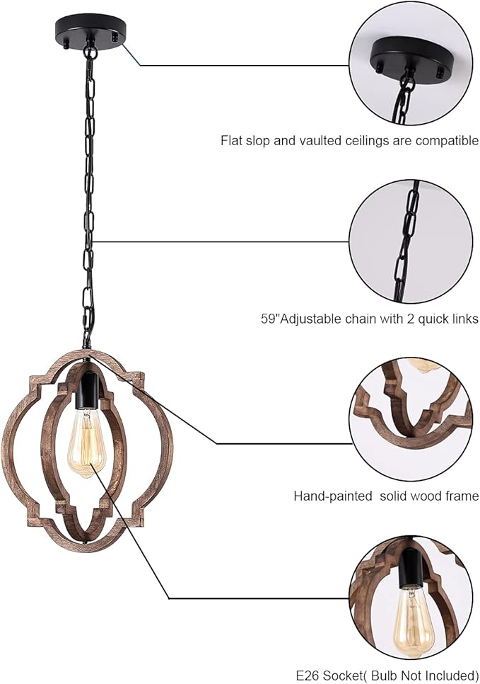 1-Light Farmhouse Wood Chandelier,Rustic Retro Pendant Light.Adjustable Height Handmade Rustic Light Fixture for Foyer, Dining&Living Room, Kitchen Island, Entryway, Breakfast Area(Colour: Black)