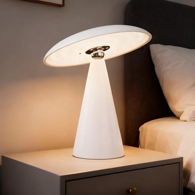 Mushroom Aesthetic Cute Lamp,Magnetic Mid Century Modern Lamp with 3-Mode Lighting for Unique Home Mushroom Decor,Cordless USB Rechargeable Lamps for Bedside/Dorm/Office/Entryway Decor(White)