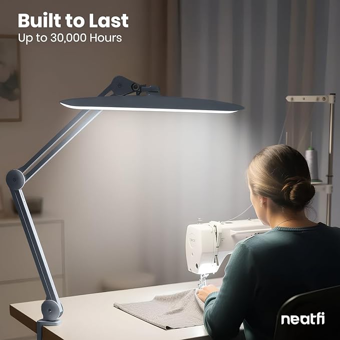Neatfi XL 2200 Lumens 24W LED Desk Lamp with Clamp - Shadow-Free Task Lighting | 4-Level Dimming | Home Office & Crafts Use | 20-Inch Wide Head (Non-CCT, Gray)