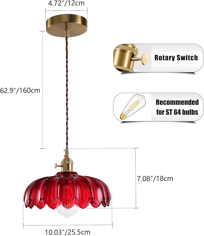 Vintage Pendant Light Fixtures: Red Pendant Lights Kitchen Island, Glass Pendant Light, Modern Chandelier Pendant Red Light Fixture for Bedroom, Dining Room