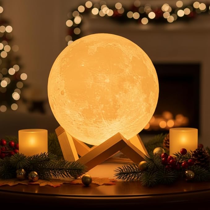 Mydethun Large Moon Lamp - 7.1" Large Valentine Table Décor, Gifts for Women and Mom, Touch-Dimmable Lamp with Wooden Base – Rechargeable Dual Color Night Light for Bedroom, Home
