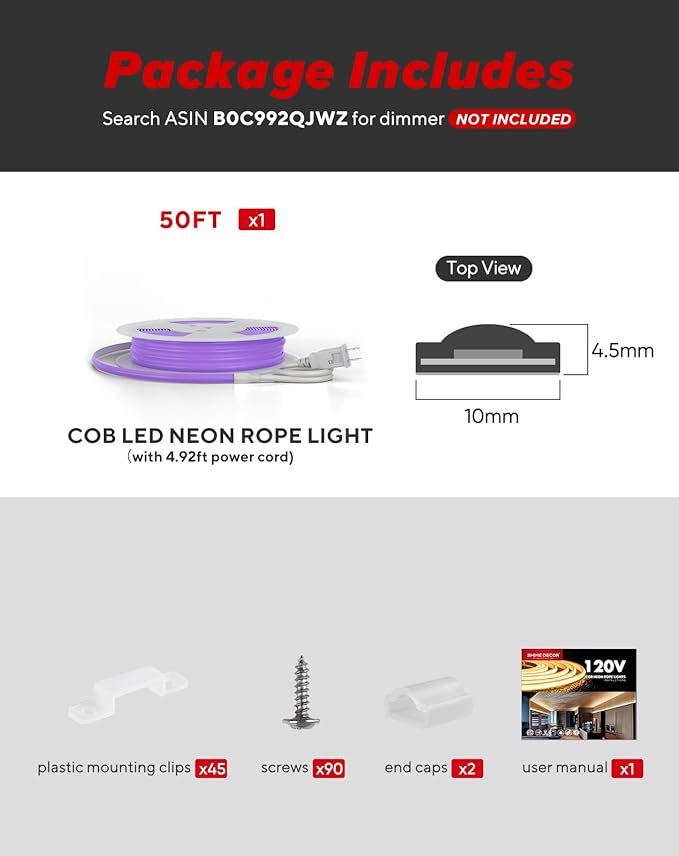 Shine Decor COB LED Rope Light AC 120V, 800lm Ultra Bright, IP65 Waterproof Cold-Resistant ETL Neon Strip, No Driver Tape Lighting for Home Commercial 10x4.5mm, Purple, 50ft
