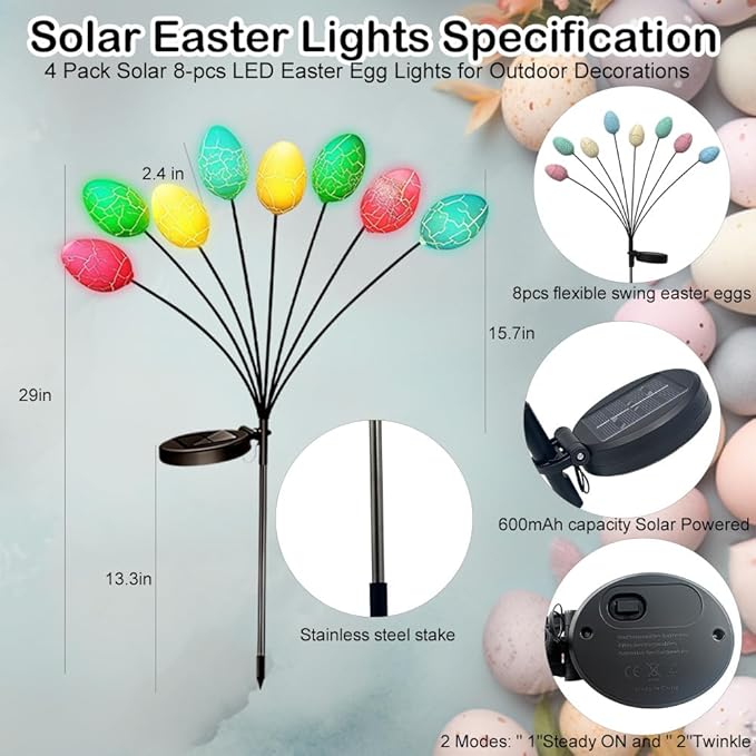 4Pack Solar Easter Lights Outdoor - 32Pcs Colorful LED Easter Eggs for Pathway Lights Decorations, Solar Powered Waterproof Spring Decor for Pathway Landscape Lawn Yard Porch Patio Decoration