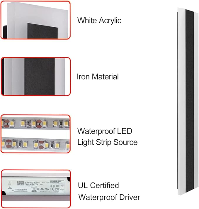 Outdoor Long Strip Modern LED Wall Lighting Fixture Lamps, Elegant Frosted White Acrylic, Black Aluminum Body IP65 Waterproof Anti Rust (Cold White, 95inch)