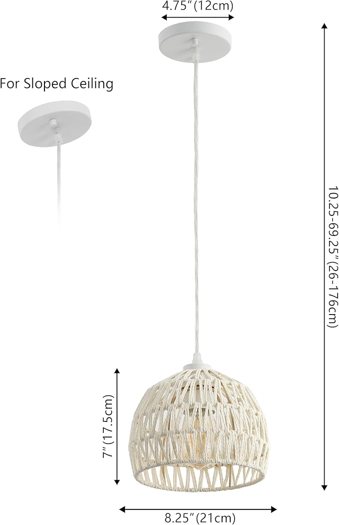 JONATHAN Y 8.25" Cream Modern Bohemian Woven Rope LED Pendant Light Fixture, Adjustable Dome Ceiling Lamp for Kitchen Island, Rope Shade, Coastal Farmhouse Decor (JYL6512C)