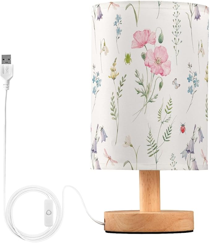 Wildflower Pink Poppy Flower Bell Leaves Butterfly Dragonfly Table Lamp with Wood Base Fabric Lamp Shade Bedside Nightstand Desk Lamp for Living Room Bedroom Kids Room Office
