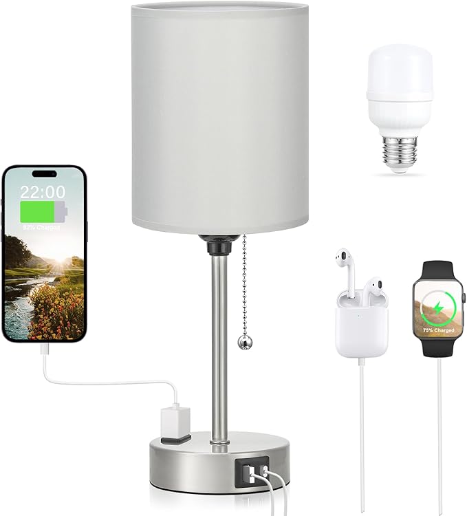 Grey Bedroom Lamp for Nightstand - 3 Color Temperature Table Lamp with USB C and A Ports, Pull Chain Bedside Lamp with AC Outlet, Desk Lamp with Silver Metal Base for Kids Girls