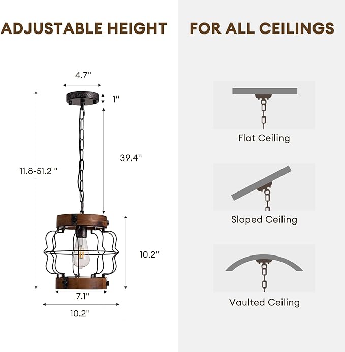 Rustic Pendant Light Fixtures, Farmhouse Chandelier, Vintage Industrial Metal and Wood Chandelier Hanging Pendant Light for Kitchen Island Foyer Hallway Bar Dining Room, D 10.2" x H 10.2"