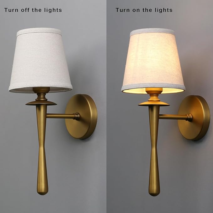 Yosoan Brass Gold Retro Boho Linen Fabric Wall Sconce Set of 2, Vintage Industrial Antique Indoor Hardwired Champagne Bronze Flared Fabric Shade for Bedroom Hallway Living Room