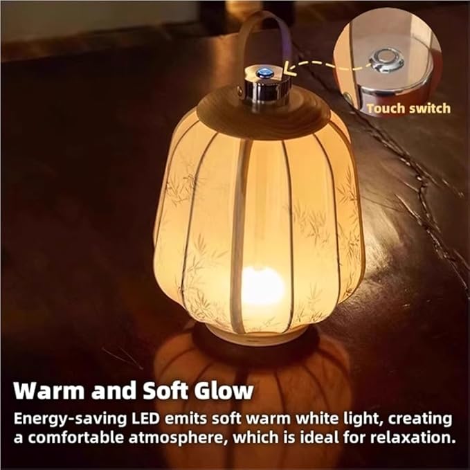 Simple Rechargeable Lantern Table Lamp with Touch Switch, Retro Chinese Small Night Light with Portable Handle, Elegant Decorative Fabric Nightstand Lamp for Bedroom Living Room(Beige)