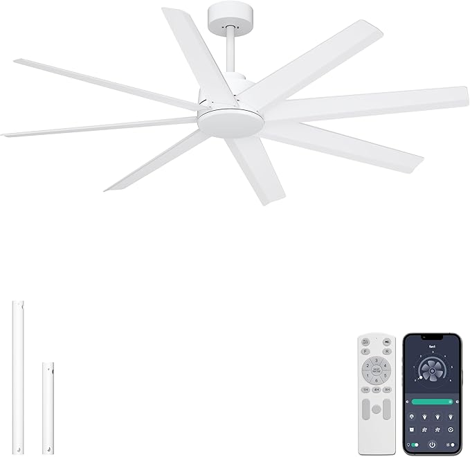 Ohniyou 60'' Ceiling Fan With No Light - Modern White 8 Blades Ceiling Fan Remote/APP Control, DC Motor Outdoor Fan for Covered Patio, Living Room, Shop, Garage