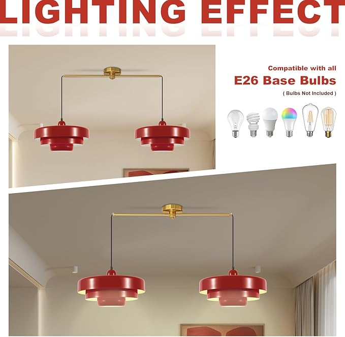 Industrial Red Pendant Light, 2-Light Vintage Chandelier, Mid Century Modern Ceiling Light Adjustable Hanging Lights for Kitchen Island, Bar, Dining Room