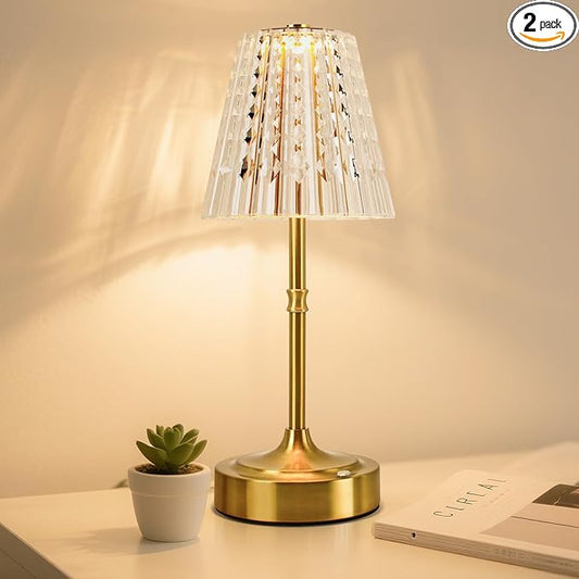 Touch Cordless Table Lamp Rechargeable, 3600mAh Battery Operated Small Crystal Lamp, 3 Color Dimmable Vintage Gold Table Light for Bedroom/Kitchen/Gift for Home Décor ((Luxury Style)