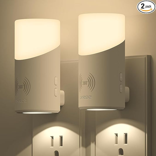 Lyridz LED Plug-in Night Light with 360° Motion Sensor, 1-150 Lumens Dimmable Nightlights Indoor for Bathroom, Bedroom, Hallway, Stairs, Pet House, 2 Pack
